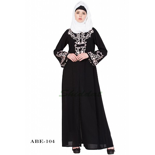 Front open abaya with pink color embroidery- Black
